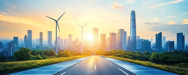 Poster - Conceptual image of wind turbines, solar panels, and green energy technology integrated into a modern cityscape, symbolizing sustainable power engineering and ecofriendly solutions