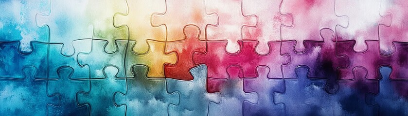 Poster - Colorful interlocking puzzle pieces with a watercolor texture