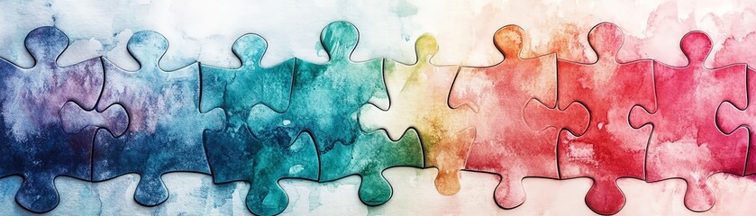 Poster - Colorful interlocking puzzle pieces with a watercolor texture