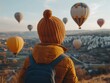 © darion - A child gazes at colorful hot air balloons in a scenic landscape.