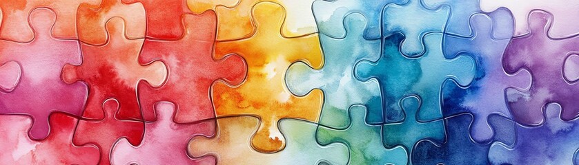 Poster - A colorful abstract design of interlocking puzzle pieces with watercolor textures