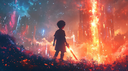 Wall Mural - A young boy holding a glowing sword standing triu_0476