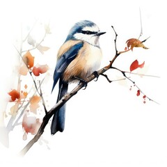 Wall Mural - Watercolor painting of a bird on a branch.