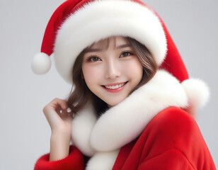 Wall Mural - Portrait of a beautiful young woman wearing a Santa Claus hat and a fur coat. White background. Christmas image. Card design.サンタクロースの帽子をかぶってファーコートを着た美しい若い女性のポートレート。白背景。クリスマスのイメージ。カードデザイン。