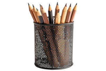 a group of pencils in a metal container