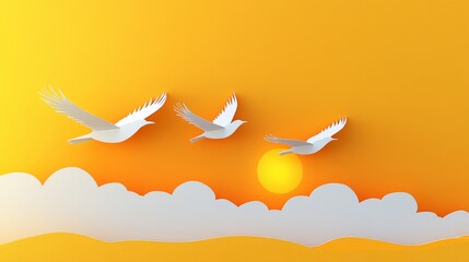 Wall Mural - The sun is shining brightly, casting an orange hue across the sky, while birds soar through the air.