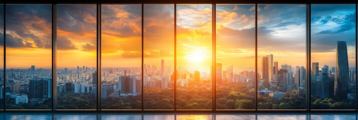 Wall Mural - A tall building with a tree in front and a sunset behind.