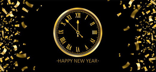 Wall Mural - Golden Clock New Year Golden Confetti Black Header