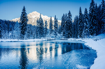 Wall Mural - Ice Dawn in Sappada. Walk through ancient villages and dream mountains. Dolomites.