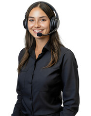 Smiling call center operator, young female assistant with headset, professional customer service agent, happy communication worker portrait, business support staff