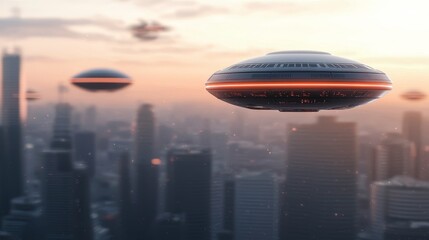 Wall Mural - Futuristic cityscape featuring flying saucers above skyscrapers during sunset, creating a dramatic sci-fi atmosphere.