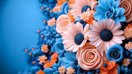 Poster - A vibrant arrangement of blue and peach flowers, showcasing intricate petals and textures against a blue background.