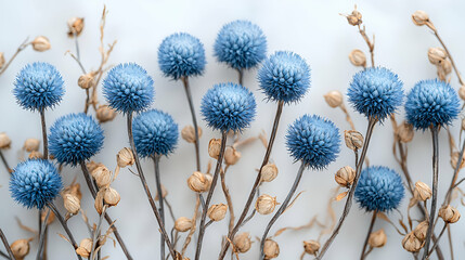 Sticker - A close-up of delicate blue flowers with spiky petals, contrasted against thin brown stems and buds, creating a visually striking floral arrangement.