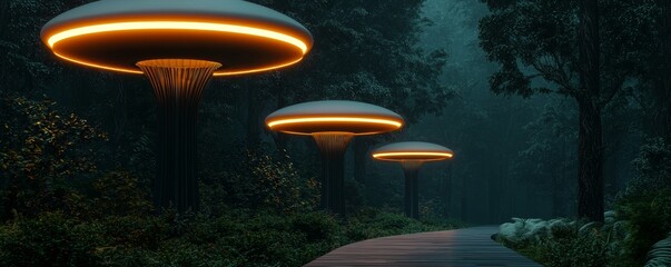 Wall Mural - A serene forest path illuminated by futuristic hovering lights, creating an enchanting, otherworldly atmosphere amidst the dark trees.