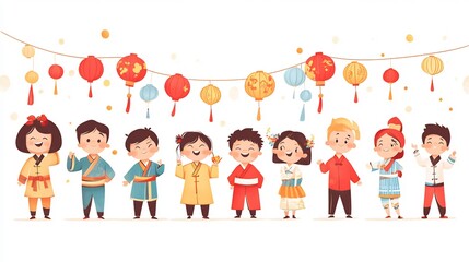 Wall Mural - Adorable Children in Traditional Asian Attire Celebrating a Festive Occasion with Colorful Lanterns