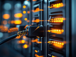 Leinwandbilder - Data center with glowing lights and cables, highlighting technology and connectivity.