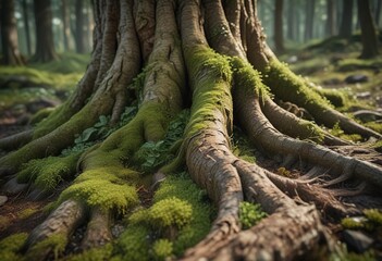 Wall Mural - closeup of a strong tree trunk with deep furrows and moss growth, outdoor tree, tree roots