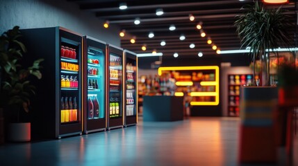 Wall Mural - Modern Supermarket Interior with Bright Beverage Refrigerators and Organized Shelves in a Retail Environment