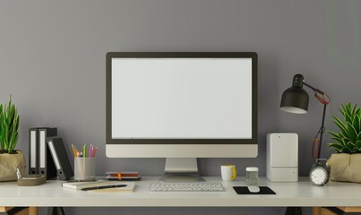 Minimalist home office workspace with desktop computer. keyboard. mouse. lamp. and plant