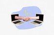 © deagreez - 3D collage trend artwork composite sketch poster of anonymous arm gesture unity together deal partnership laptop display remote distance
