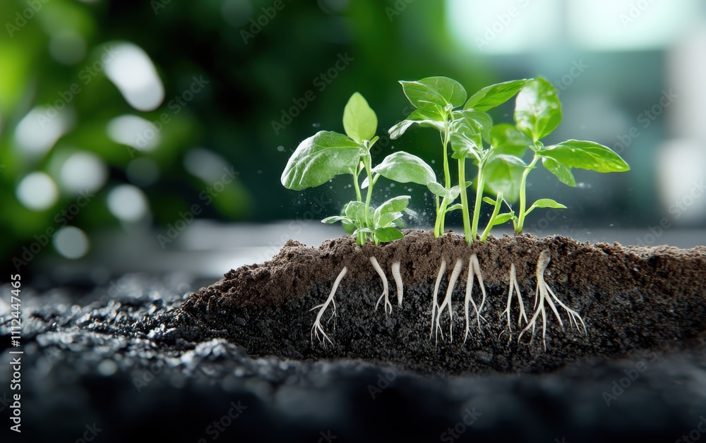 Young plants with visible roots grow in lush, fertile soil, symbolizing ...