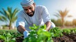 © Design Depot - A cheerful farmer in traditional attire tends to lush green plants in a sunny field, showcasing agriculture and sustainability as prime concepts.