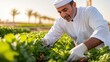 © Design Depot - A smiling farmer wearing traditional attire carefully tends to his lush green vegetable garden under the bright sun, embodying dedication and hard work.