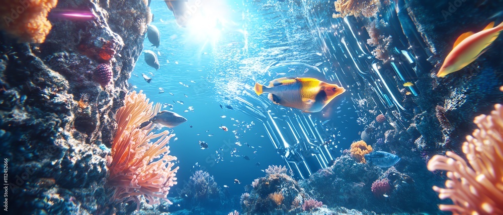 Vibrant coral reef teeming with colorful fish, a submarine explores the ...