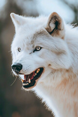 Wall Mural - wild wolf portrait and nature, fierce arctic predator with gray fur, watchful carnivore in snowy for
