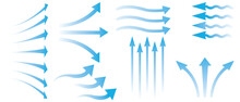 Air flow. Blue arrows showing direction of air movement. Wind direction arrows. Ventilation home fresh, hot or cold from fan or air conditioner wind direction.