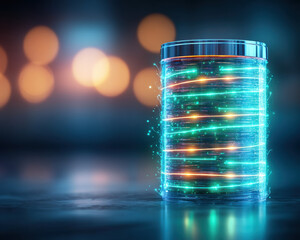 Fototapete - A glowing, futuristic cylinder emits colorful lights against a blurred background, creating a vibrant, dynamic atmosphere.