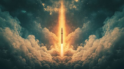 Wall Mural - a rocket takes off from the launch pad, with several tall antennas next to it and a blue sky in the 