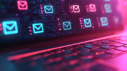 Glowing digital interface displaying email icons on a laptop keyboard, symbolizing communication and technology in a neon theme.