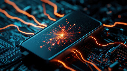 Poster - A smartphone displays a vibrant explosion of light against a backdrop of intricate circuitry.