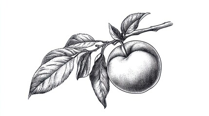 Wall Mural - Penciled Peach on Branch: A Botanical Illustration