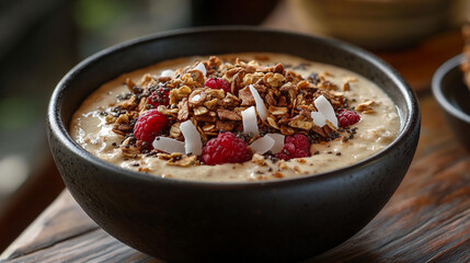 Close-up of a smoothie bowl topped with grano