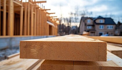Construction site with stacked lumber and framing in the background.