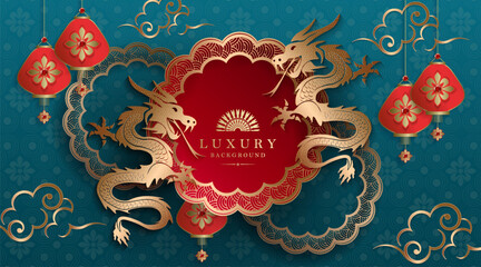 Wall Mural - Happy Chinese New Year, golden dragons with a round frame, textured turquoise composition.