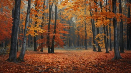 An evocative photoshop painting of an autumn forest, with trees displaying vibrant fall colors and a carpet of fallen leaves covering the forest floor. 32k, full ultra hd, high resolution -