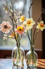 Poster - Spring blossoms in glass vases on a sunny day