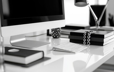 Wall Mural - A photorealistic close-up of an computer on a white desk, set in a black and white modern interior with a black lamp, books, a white wall, and a black screen mockup0