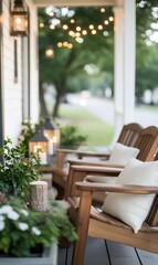 Canvas Print - Cozy porch with wooden chairs, plants, and soft lighting ambiance.