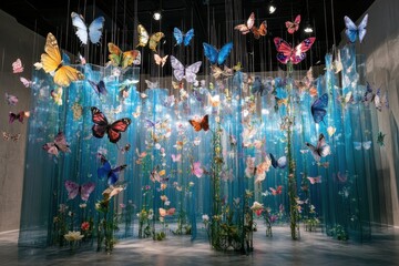 Wall Mural - a large display of butterflies in a blue room