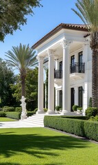 Wall Mural - Elegant mansion with columns and manicured landscaping.