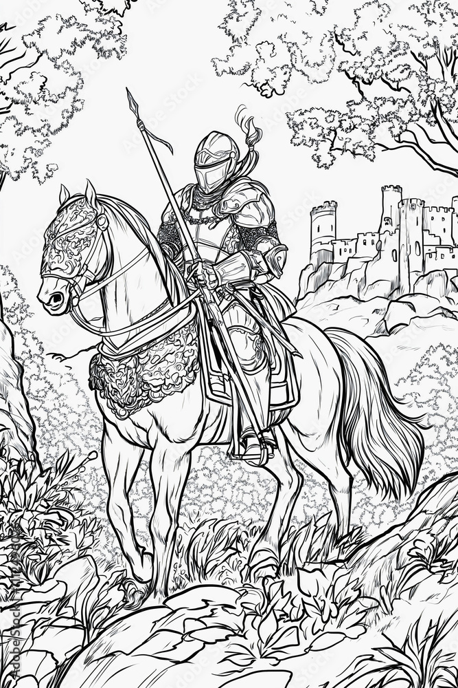 Medieval knight riding horse coloring page illustration, fairytale ...