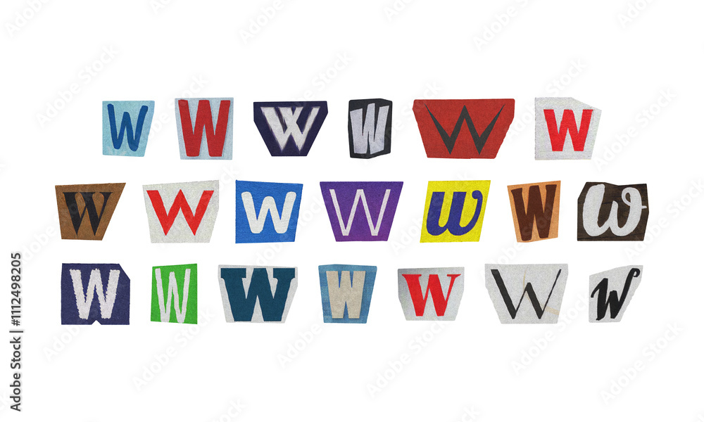 Set of cut-out letter “W” from magazines on a transparent background ...