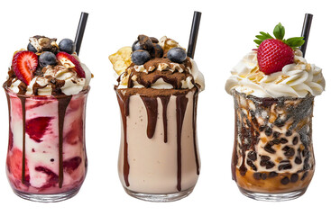 Wall Mural - Delicious milkshake collection isolated, assorted fresh beverage flavors set, different creamy smoothie drinks with straws collage