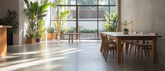 Wall Mural - Modern interior with a dining area and abundant greenery.