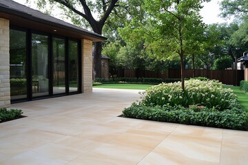 Wall Mural - Modern patio with landscaping and greenery in a serene setting.