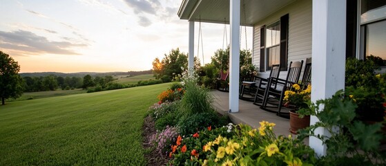 Canvas Print - Serene porch view with rocking chairs and vibrant flowers at sunset.